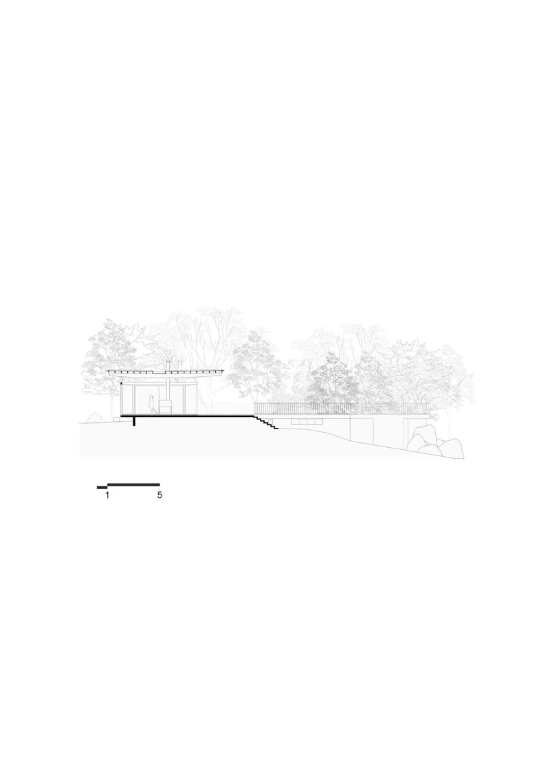 Section drawing showing flat-roofed pavilion partially embedded in sloped terrain with trees beyond
