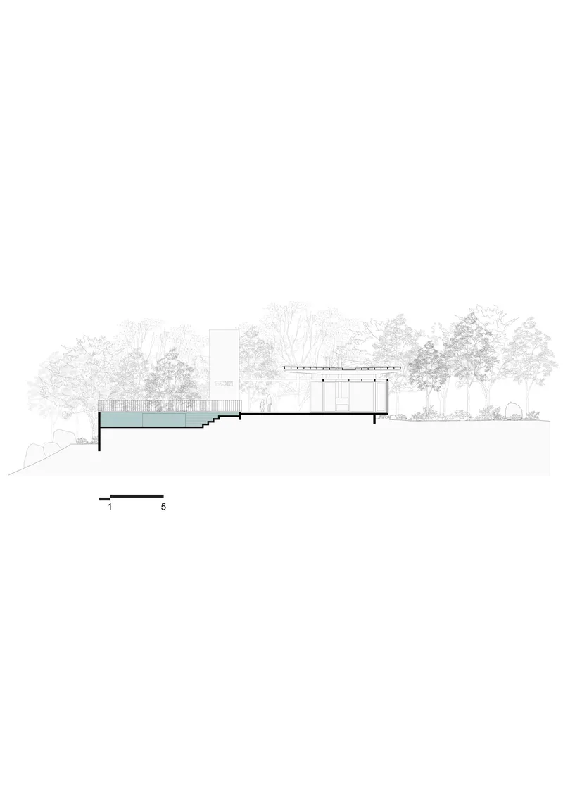Section drawing showing lower level carved into hillside beneath main pavilion with swimming pool