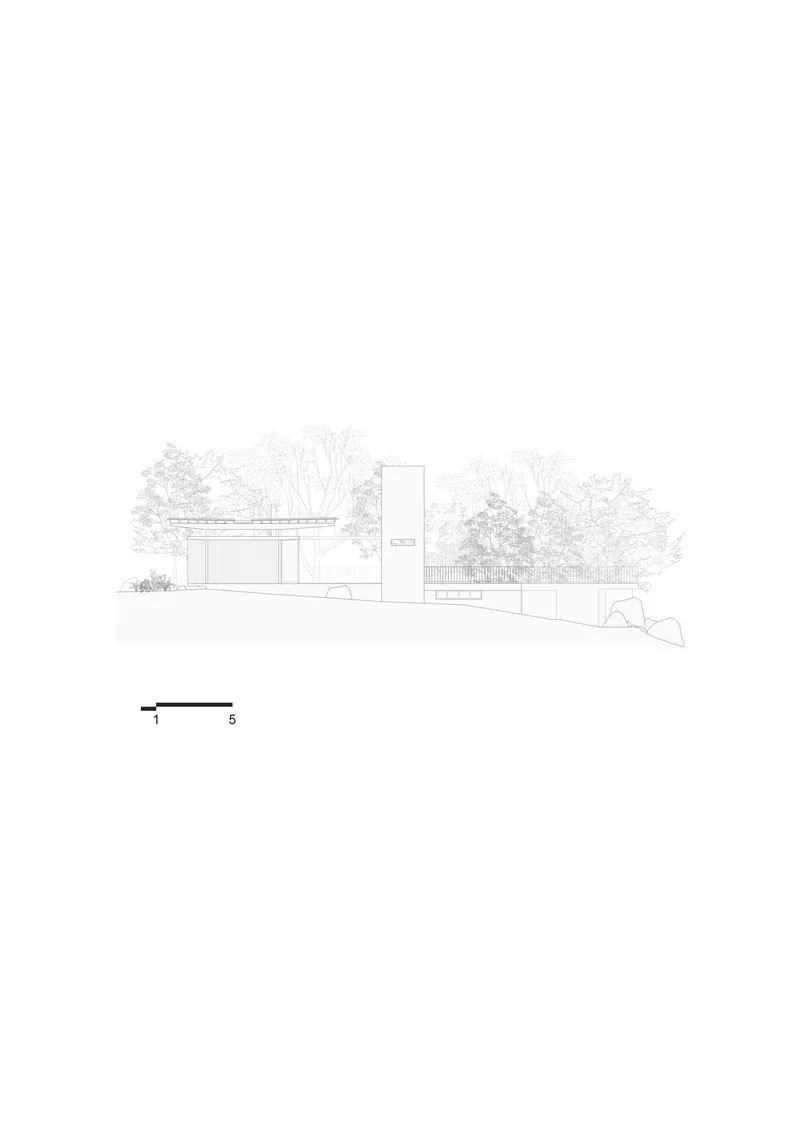 Elevation drawing showing a low horizontal volume with a vertical tower element surrounded by trees
