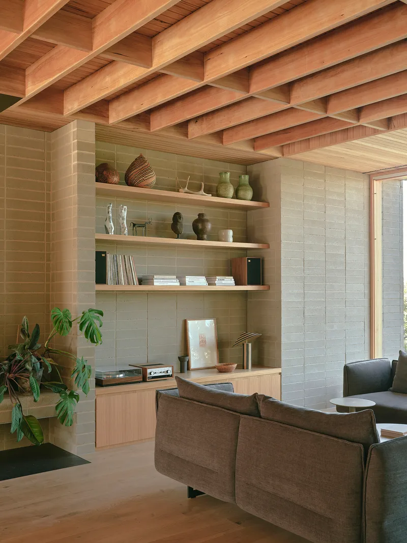 Built-in timber shelving with exposed beam ceiling and textured masonry wall beside a potted plant