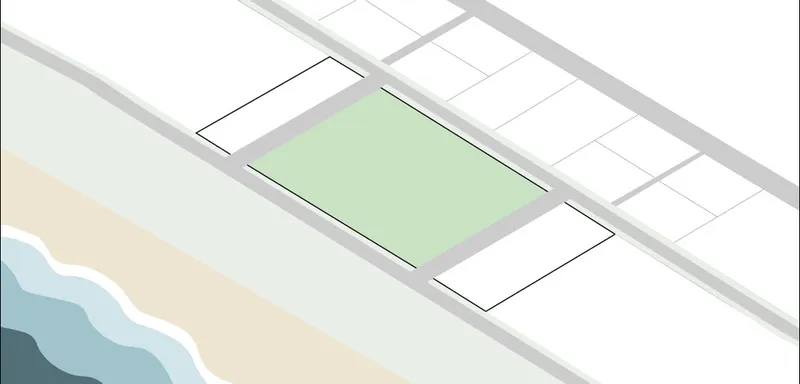 Axonometric drawing showing a rectangular pool courtyard within a gridded framework adjacent to the beach