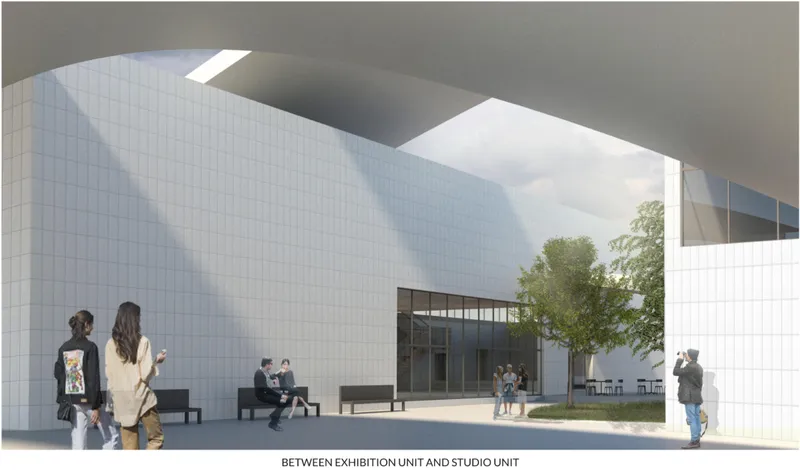 Open courtyard between exhibition and studio units, creating a social interface for learning, interaction, and community exchange.