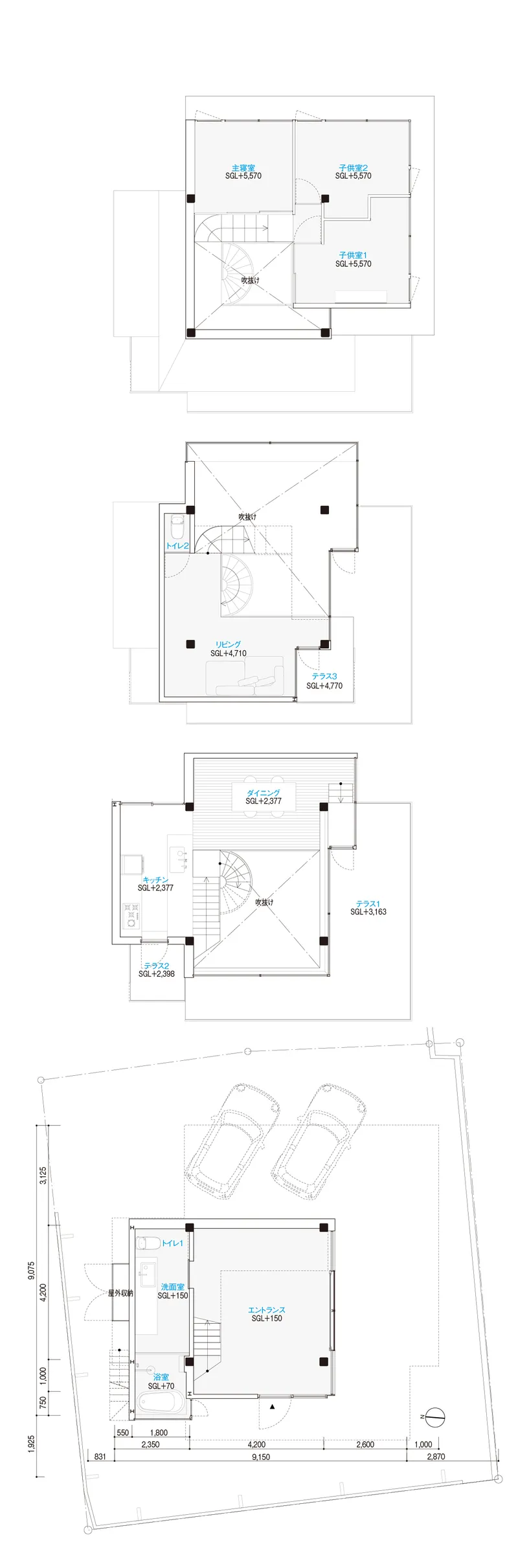 Floor plan drawings showing four levels with stairs, parking, and various rooms arranged vertically