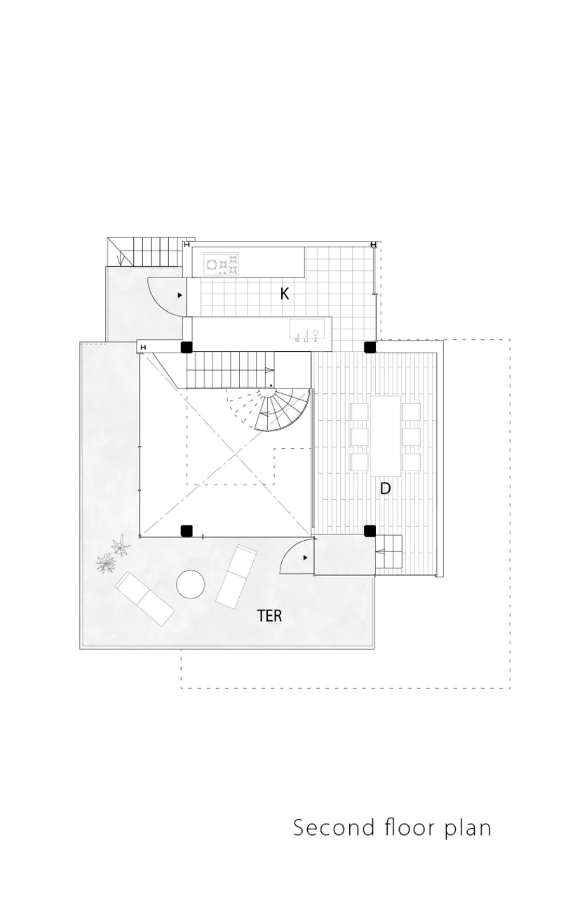 Second floor plan drawing showing kitchen, dining area, spiral stair, and terrace with outdoor furniture