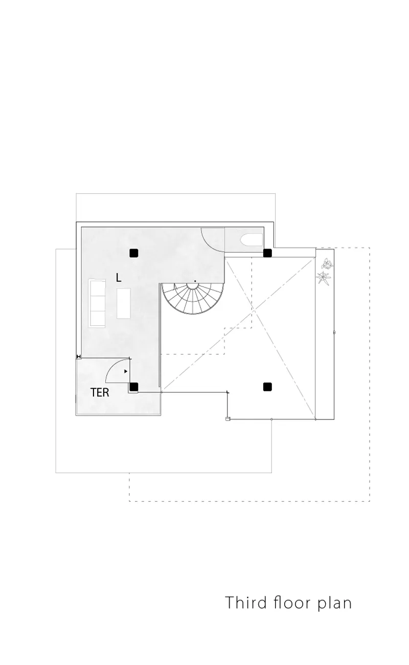 Third floor plan drawing showing living space, terrace, and spiral stair with diagonal spatial relationships