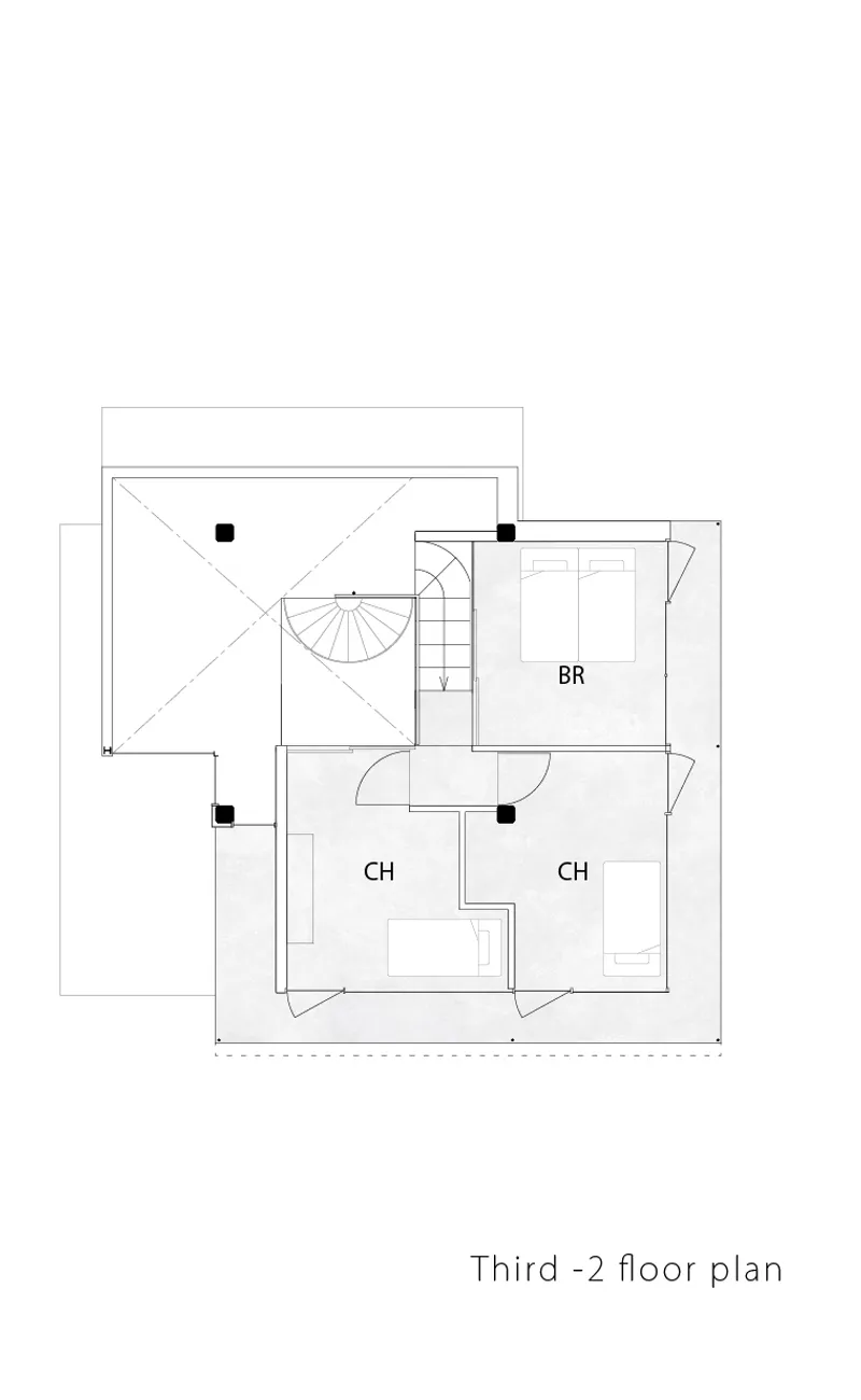 Floor plan drawing showing bedrooms and a spiral stair arranged around a central staircase