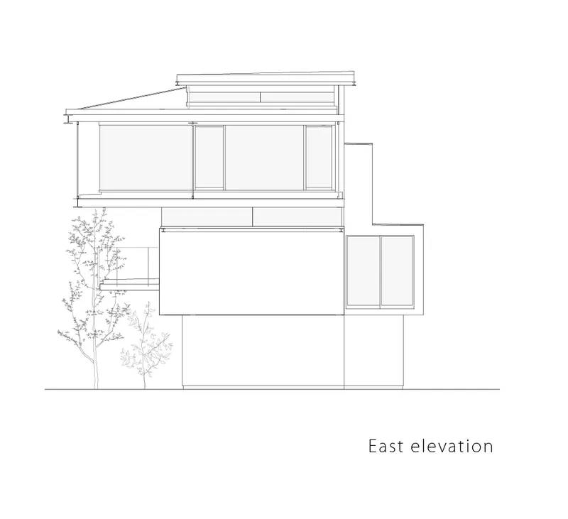 East elevation drawing showing offset floor plates and large glazed openings with trees