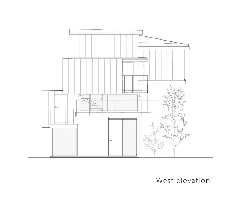 West elevation drawing showing the spiral stair visible through glazing with trees