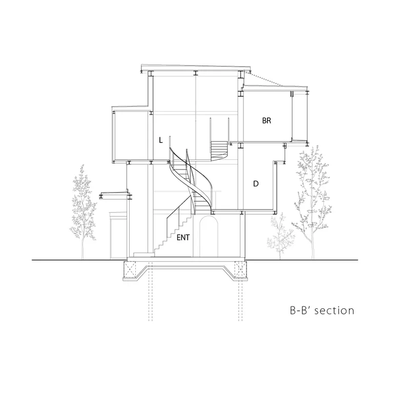 Section drawing showing a multi-level residence with spiral staircase and flanking trees