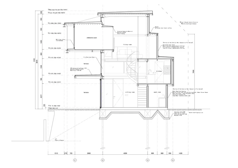 Annotated section drawing detailing floor levels, room layouts, and construction dimensions