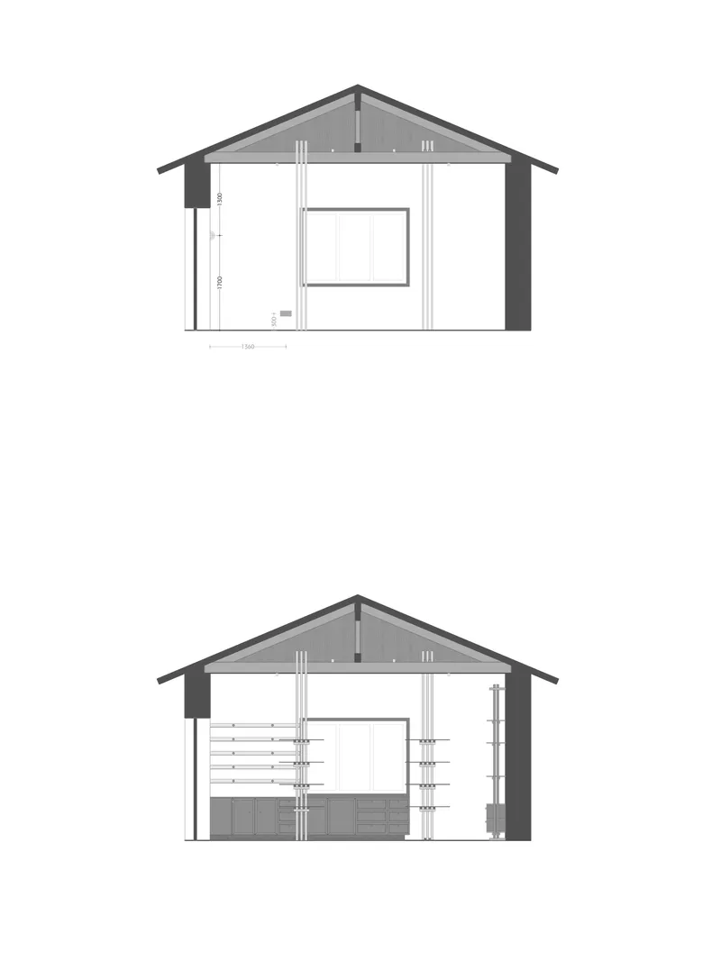 Section drawing showing gabled roof structure with exposed trusses and interior storage partitions