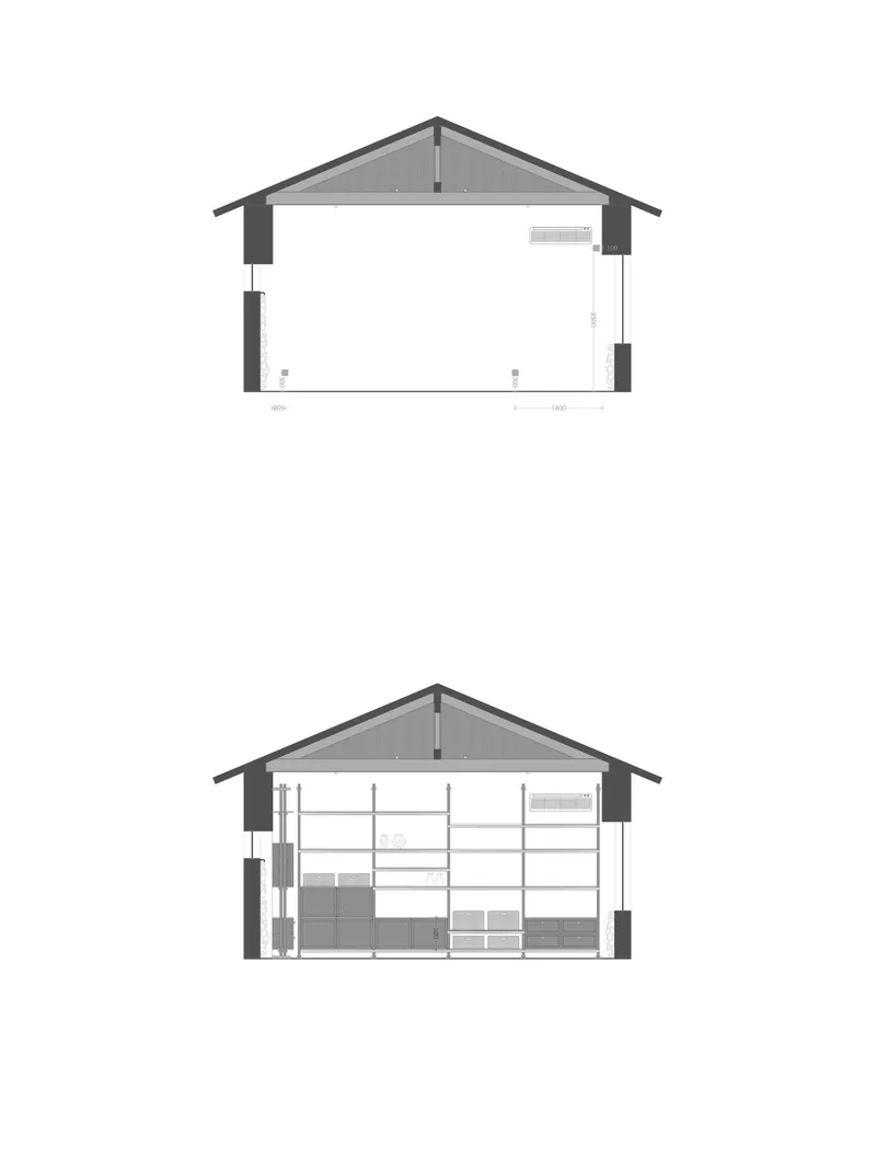 Section drawing showing pitched roof with central truss and interior platform with horizontal shelving elements