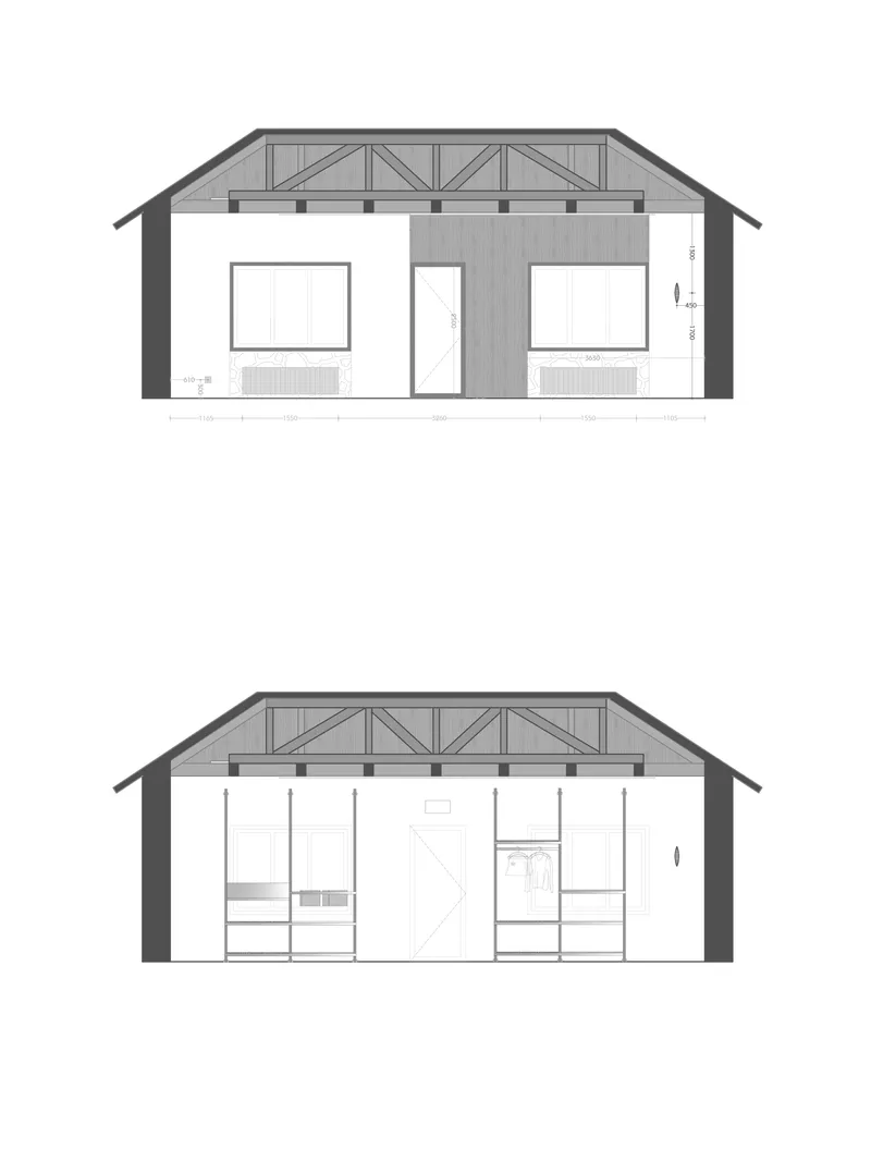 Elevation drawing showing symmetrical gabled facade with central door and flanking windows under exposed truss system