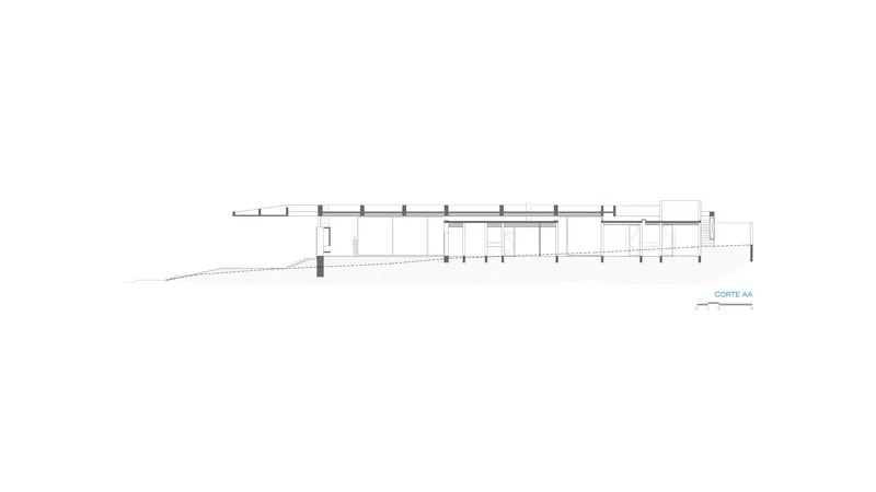 Longitudinal section drawing illustrating the single-story structure stepping down a sloped site