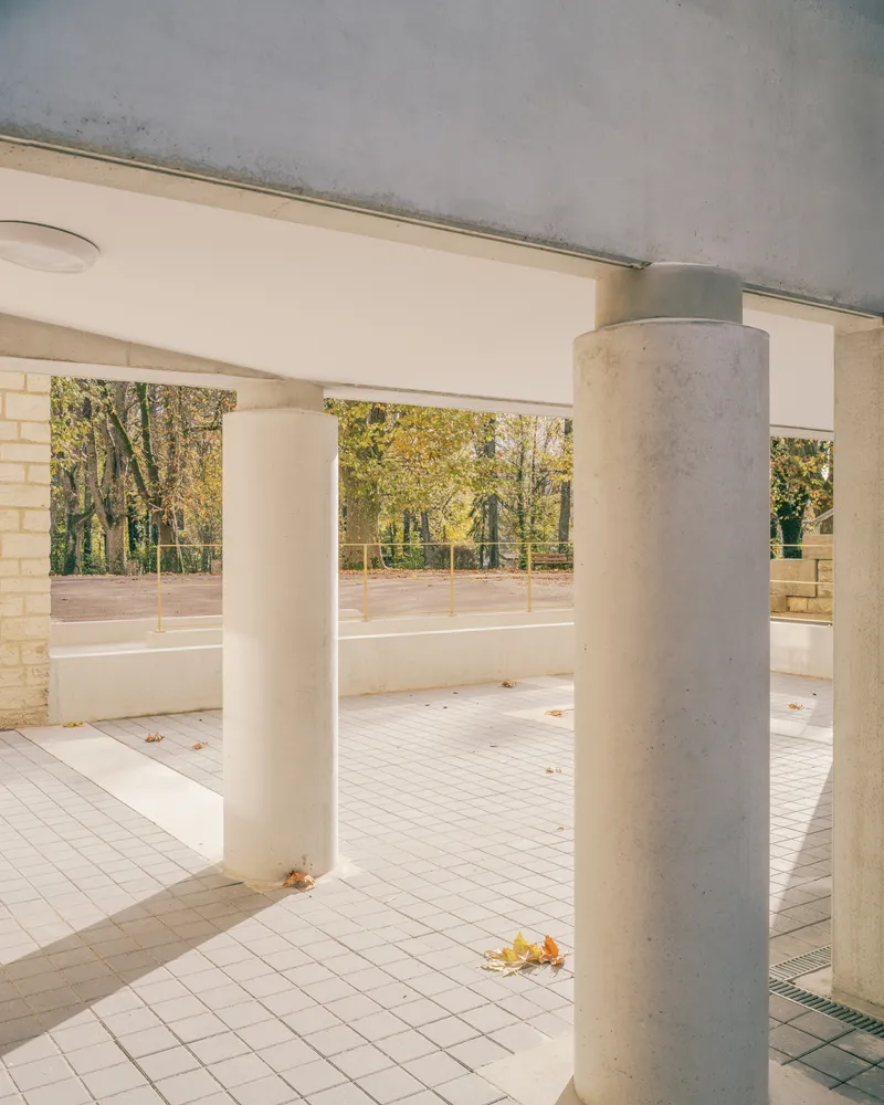 Covered terrace with white and grey cylindrical columns framing a view of trees in autumn light