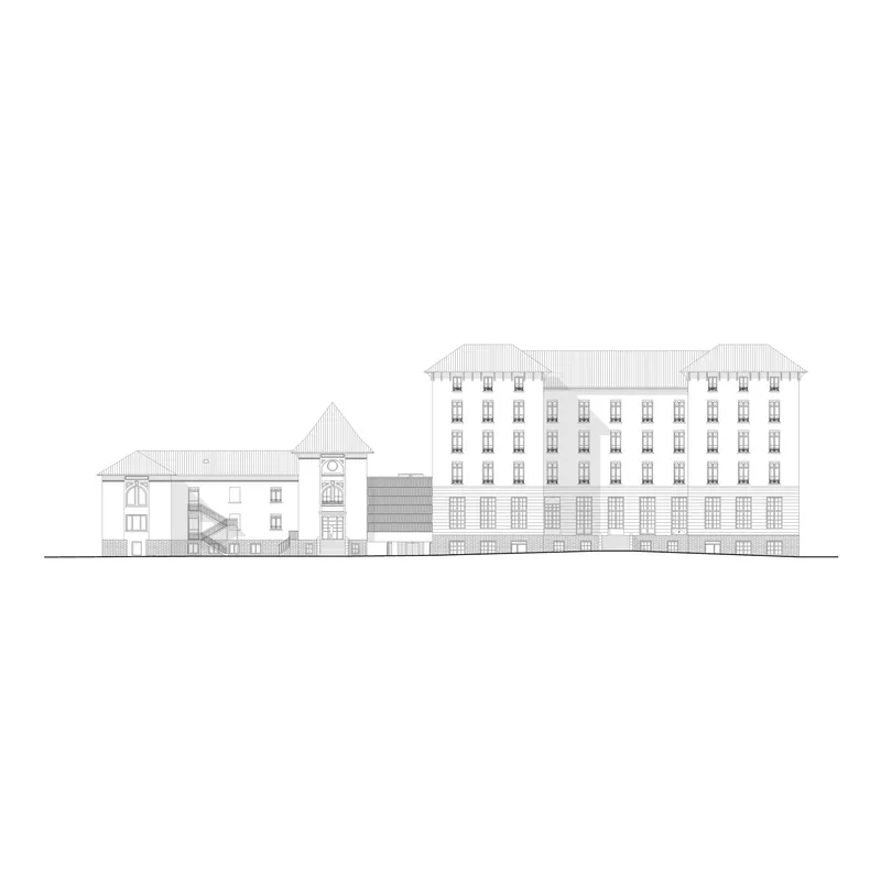 Elevation drawing showing the full complex from chapel to main tower with the intervention highlighted