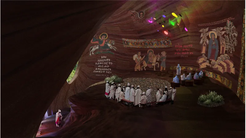 Main prayer hall featuring murals, natural light openings, and communal gathering arrangement.