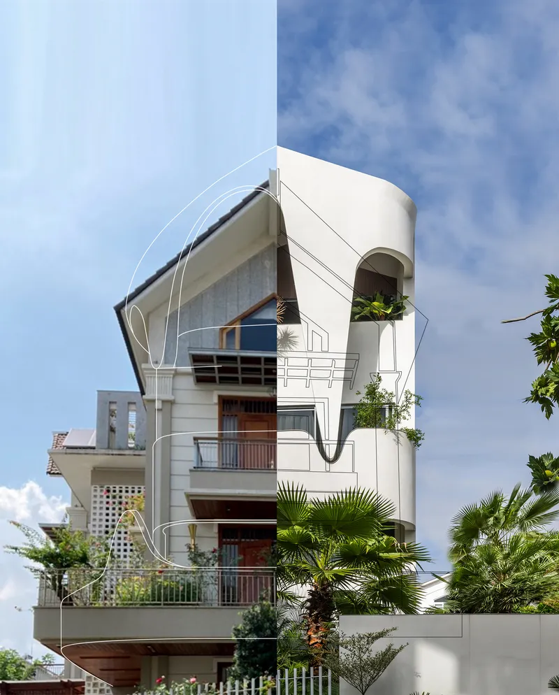 White facade with curved balconies and cylindrical volumes flanked by palm trees under blue sky