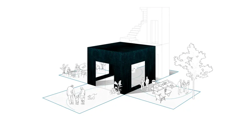 Axonometric drawing showing a dark cubic volume with openings surrounded by outdoor terraces and figures