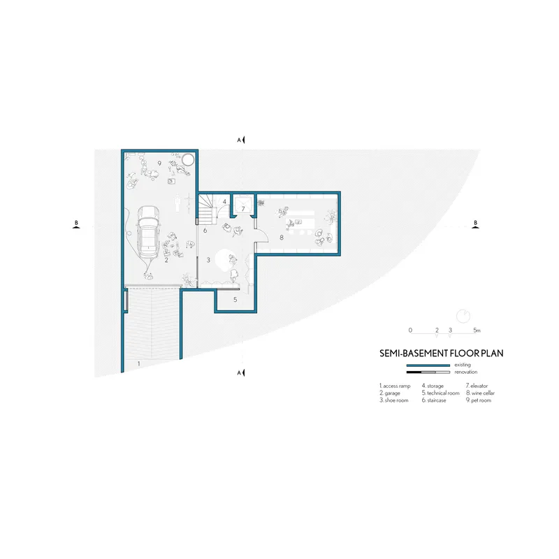 Semi-basement floor plan drawing showing garage, shop room, and technical areas with landscape elements
