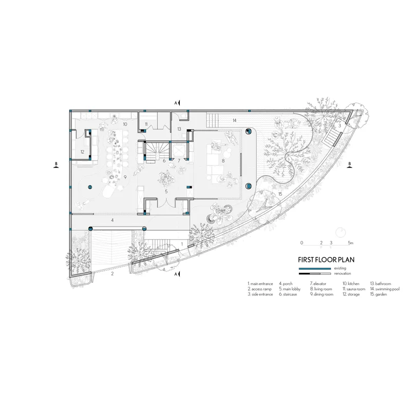 First floor plan drawing showing living spaces, void, and triangular garden with pool and trees