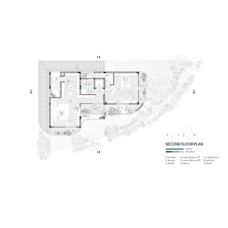 Second floor plan drawing showing bedrooms, balcony, and planted terraces along the angled perimeter