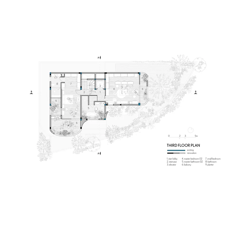 Third floor plan drawing showing master bedrooms, balconies, and rooftop planters with curved edges
