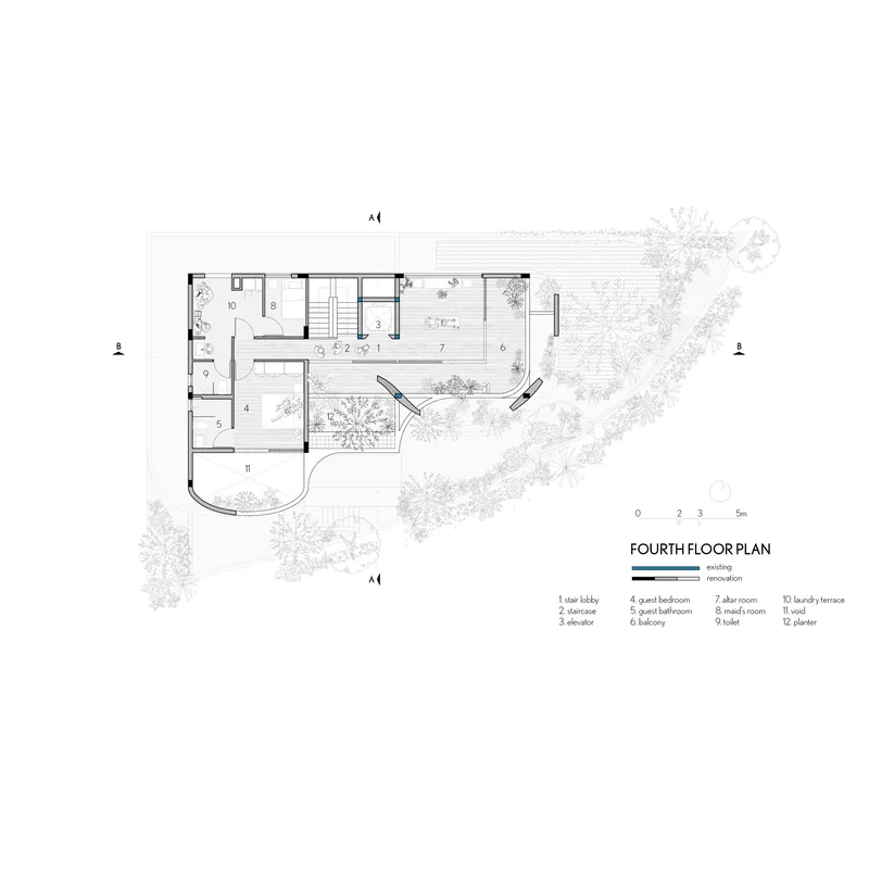 Fourth floor plan showing bedrooms, balcony, and laundry arranged around an internal courtyard with trees