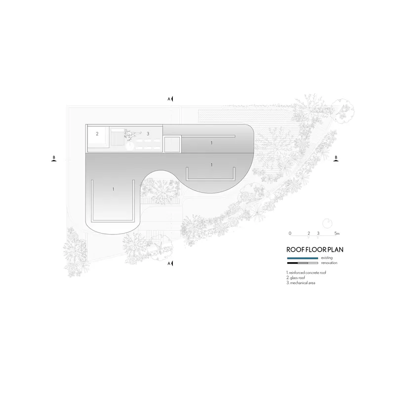 Roof floor plan showing a glass pavilion and curved terrace overlooking surrounding vegetation