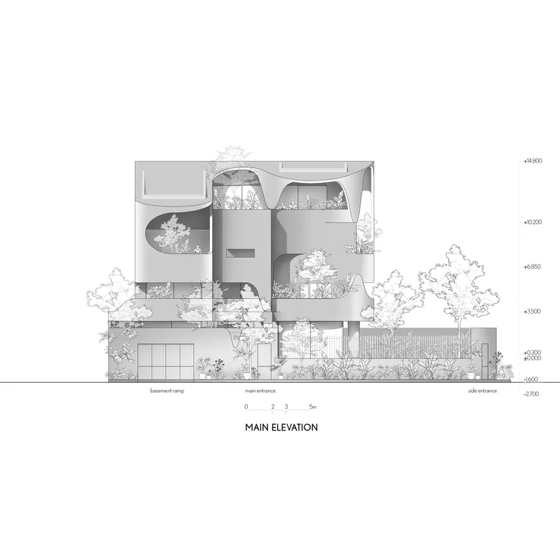 Main elevation drawing showing stacked volumes with curved roof forms and planted terraces among trees