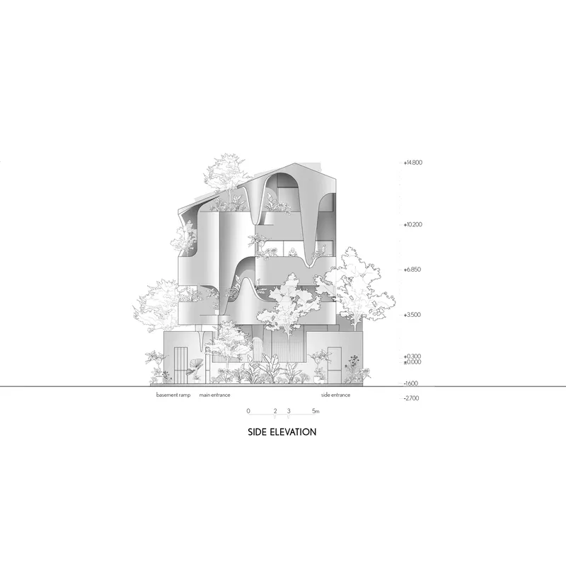 Side elevation drawing depicting the arched roof canopy over staggered floor plates and landscape