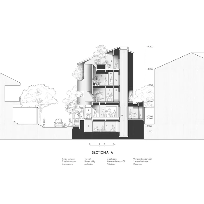 Section drawing through multiple levels revealing interior spaces, balconies, and adjacent trees with a car below