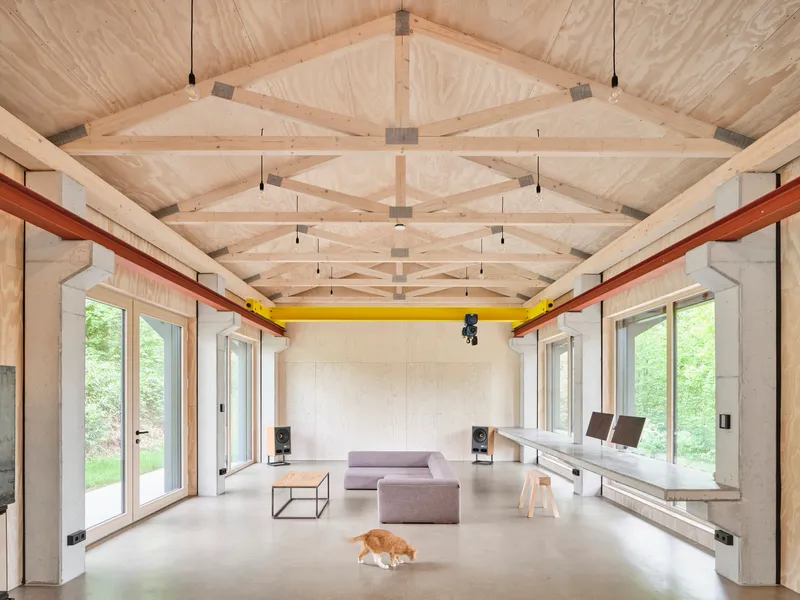 Open interior space with timber truss ceiling and polished concrete floor with a cat resting near glazed doors