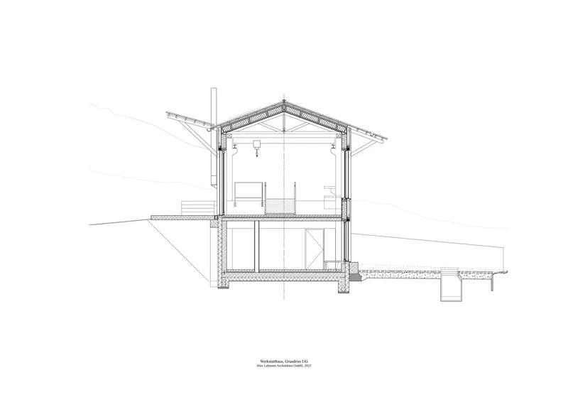 Transverse section drawing showing sloped site with two-story volume and pitched roof structure