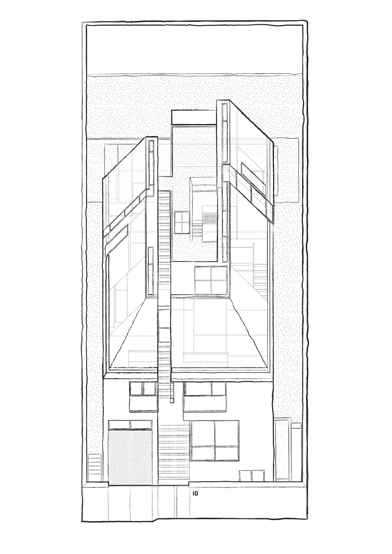Section drawing showing vertical circulation through multilevel interior spaces with a central void