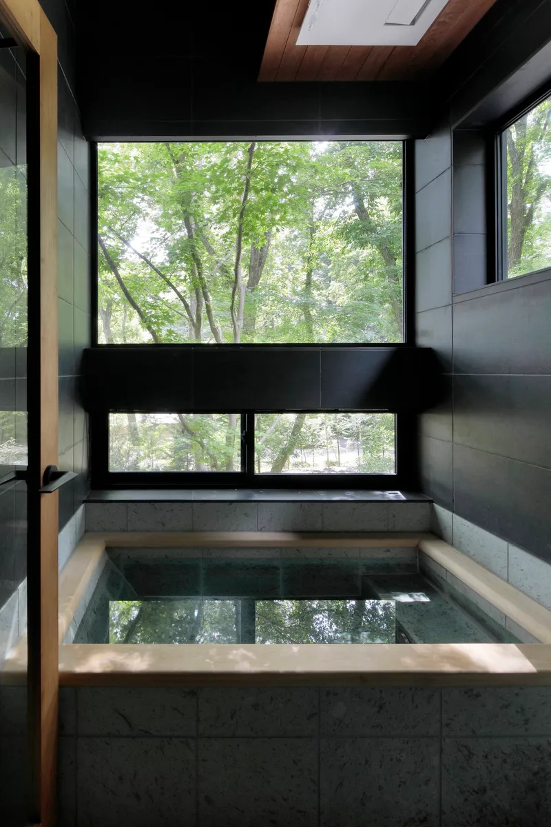 Concrete soaking tub beneath horizontal window framing forest canopy views
