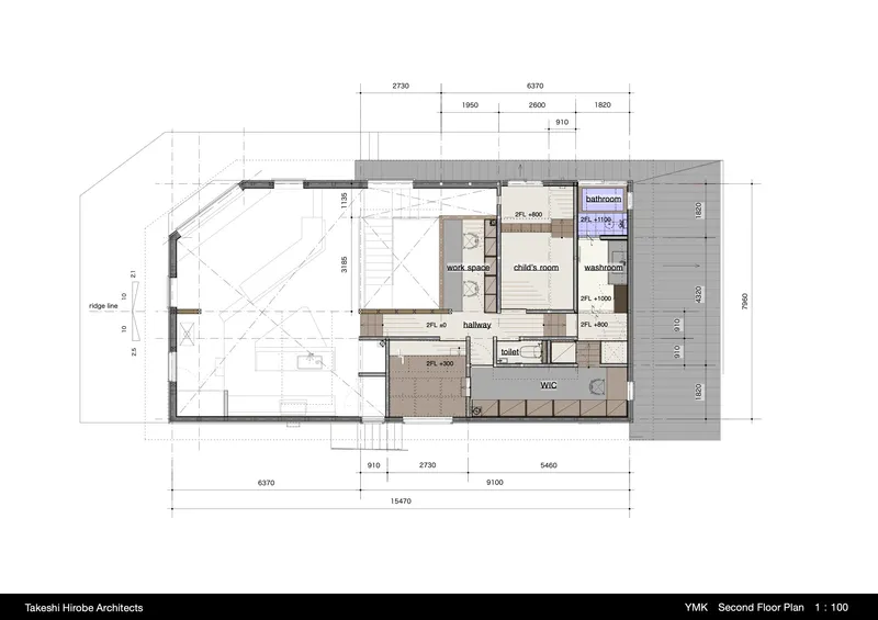Second floor plan drawing showing bedrooms and bathrooms arranged around a central stairwell void