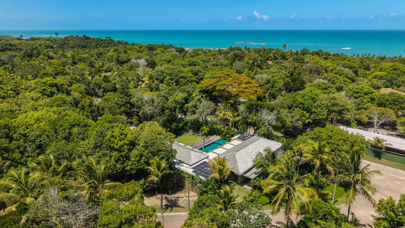 Aerial view of pitched roofs nestled in dense coastal forest canopy with turquoise ocean beyond