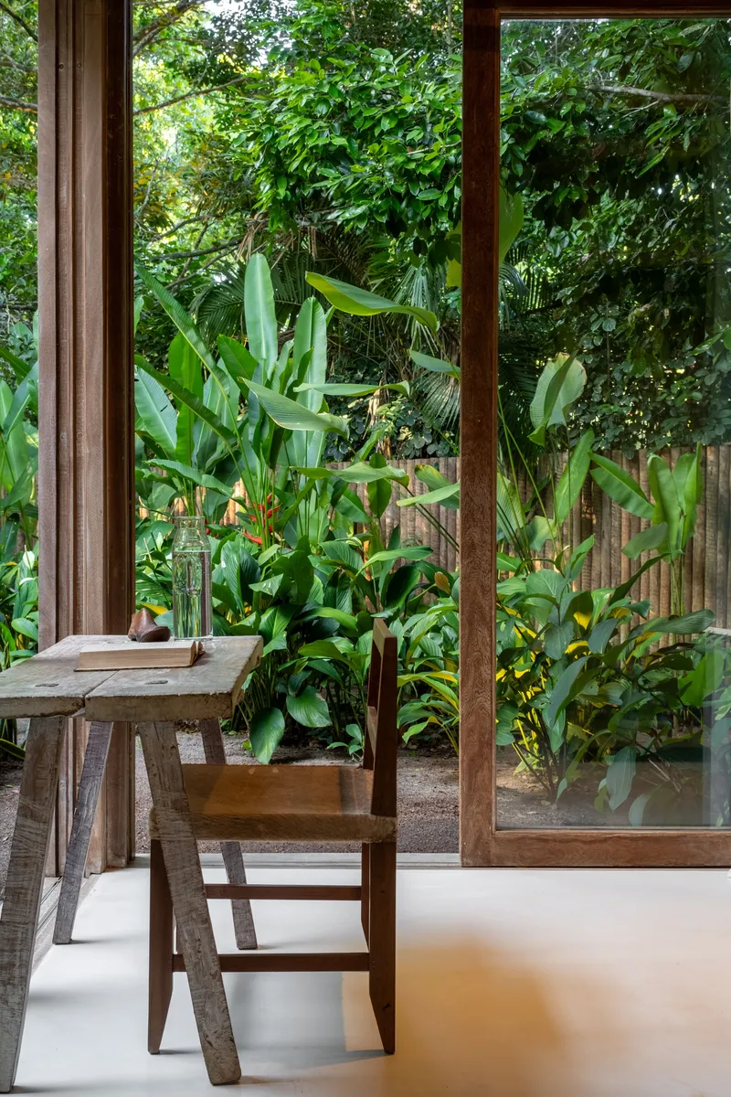 Timber framed glass door opening to a garden planted with banana leaves and tropical vegetation