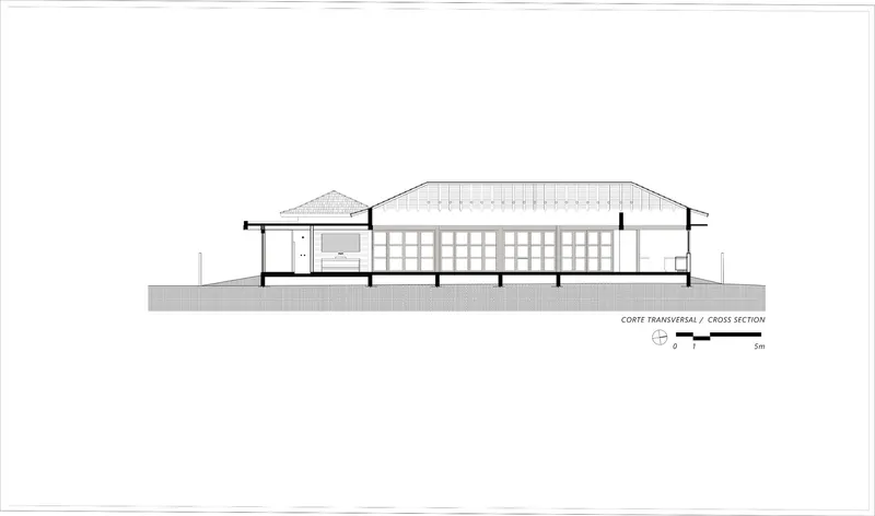 Cross section drawing revealing the vaulted central volume flanked by lower pitched roof structures