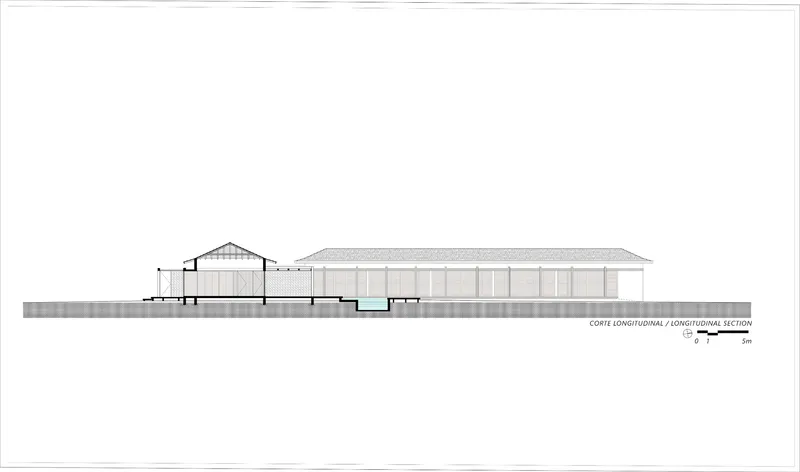Longitudinal section drawing showing the colonnade and continuous low-pitched roof stretching across the site