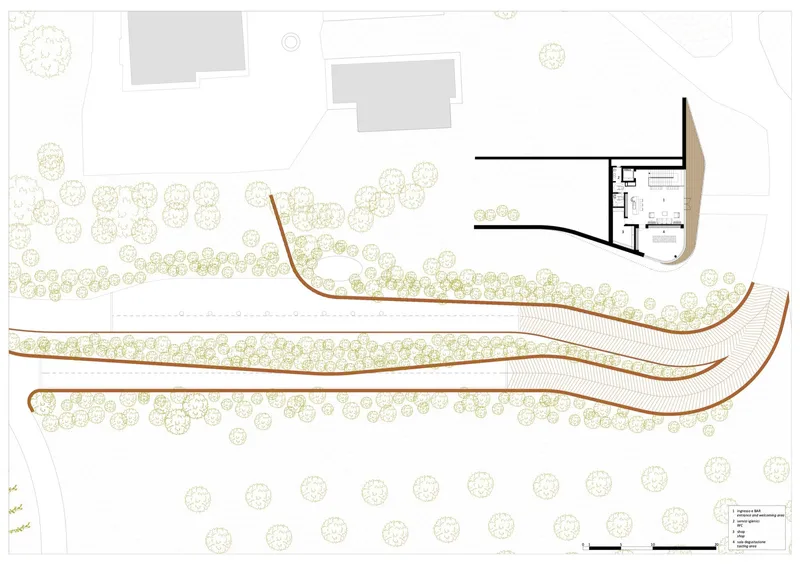 Site plan showing terraced landscape with rows of plantings and an angular building