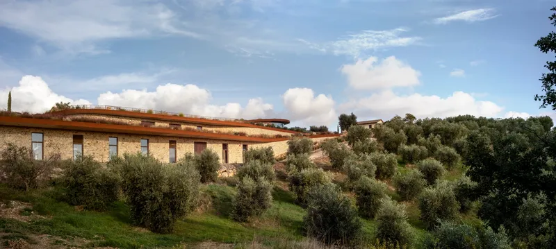 Long stone facade with a curved roof set into a hillside planted with olive trees