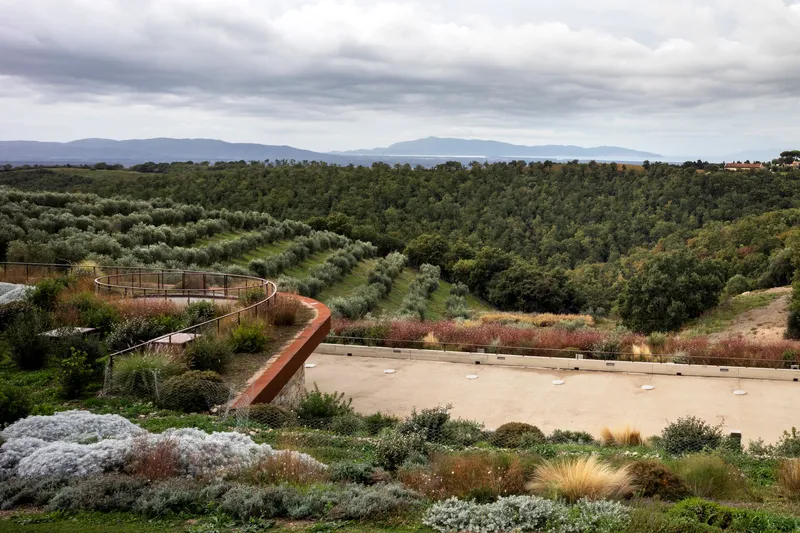 Elevated terrace with planted beds and curving corten steel pathways overlooking an olive grove under cloudy skies