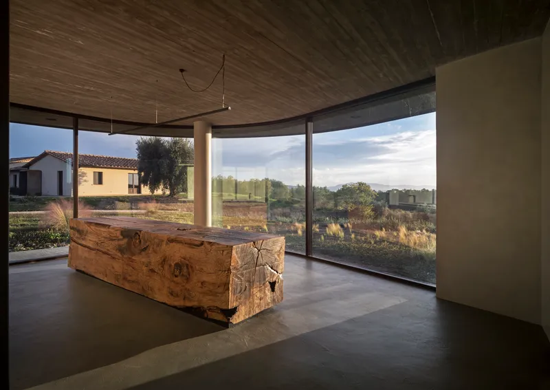 Interior with raw timber slab and curved glass walls framing olive groves and golden afternoon light