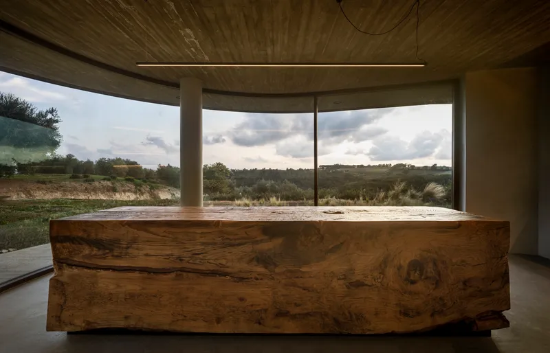 Massive burled wood counter beneath a curved concrete ceiling with linear lighting and panoramic landscape views