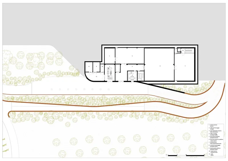 Floor plan showing storage spaces and service rooms adjacent to planted terraces