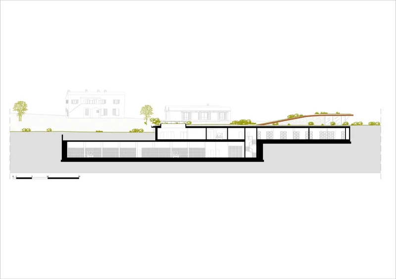 Section drawing showing a partially sunken structure with green roof terraces and adjacent contextual buildings