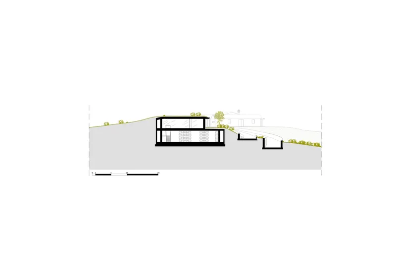 Section drawing depicting a two-level sunken volume with green roof and sloping grade beyond