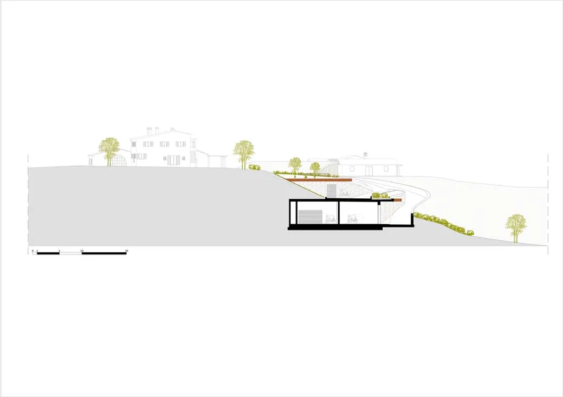 Section drawing showing a single subterranean level with curved canopy and landscaped roof visible above grade